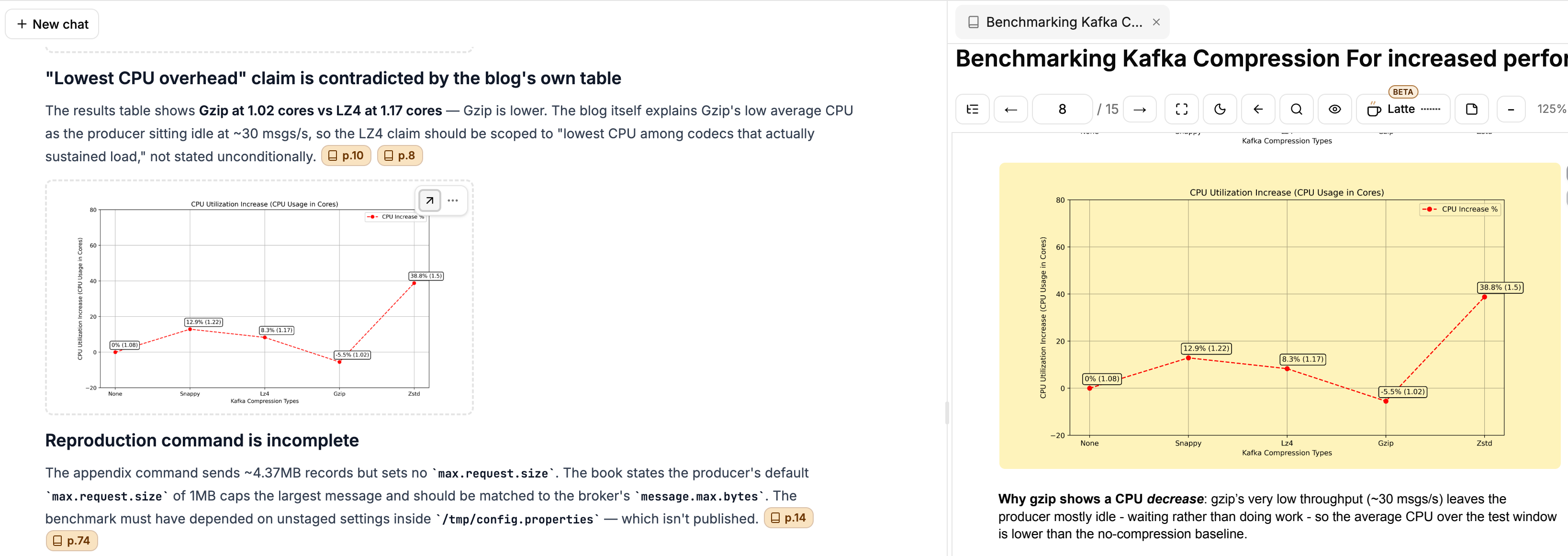 A chart in an answer and the page with that chart highlighted