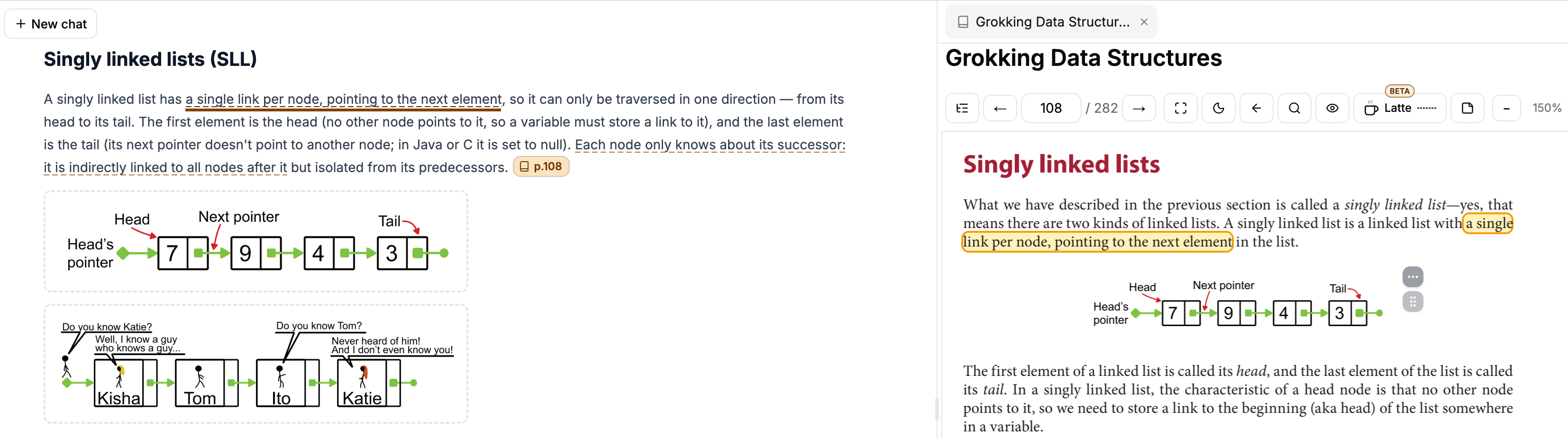 A quote in an answer and the book page with those words highlighted